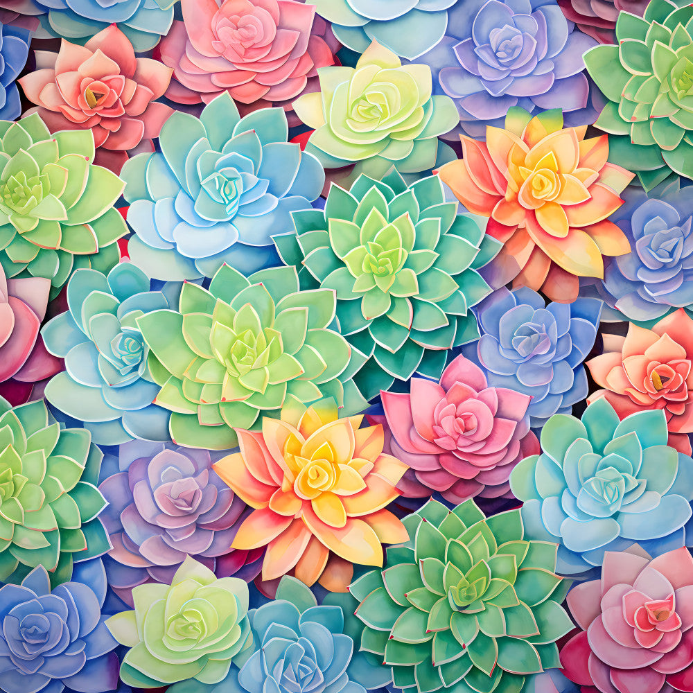 succulent flowers, pastel colors, rainbow gradient, coral pink, soft yellow, sky blue, lavender purple, sage green, mint green, floral pattern, botanical design, paper art style, 3d layered effect, whimsical, modern, nature theme, spring, summer, garden, vibrant multicolor, candy colors, playroom decor, kids room, nursery, cheerful, bright, artistic, decorative blooms