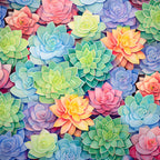 succulent flowers, pastel colors, rainbow gradient, coral pink, soft yellow, sky blue, lavender purple, sage green, mint green, floral pattern, botanical design, paper art style, 3d layered effect, whimsical, modern, nature theme, spring, summer, garden, vibrant multicolor, candy colors, playroom decor, kids room, nursery, cheerful, bright, artistic, decorative blooms