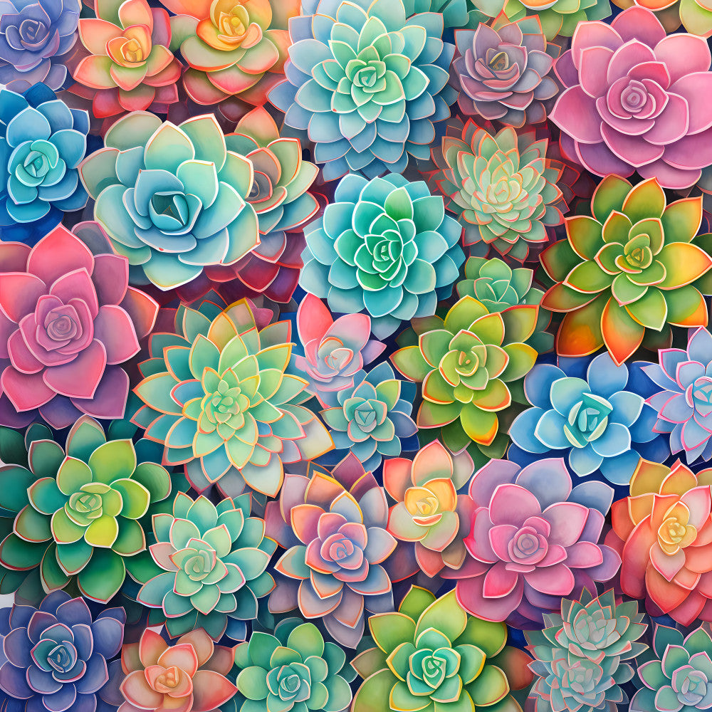 succulent flowers, pastel pink, coral pink, turquoise blue, soft blue, sage green, yellow green, lavender purple, rose pink, colorful succulents, botanical, nature, whimsical, modern botanical, garden theme, spring, summer, playroom, nursery, kids room, layered petals, dimensional florals, vibrant colors, gradient colors, soft pastels, bright and cheerful, dreamy aesthetic, contemporary floral