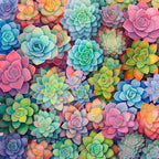 succulent flowers, pastel pink, coral pink, turquoise blue, soft blue, sage green, yellow green, lavender purple, rose pink, colorful succulents, botanical, nature, whimsical, modern botanical, garden theme, spring, summer, playroom, nursery, kids room, layered petals, dimensional florals, vibrant colors, gradient colors, soft pastels, bright and cheerful, dreamy aesthetic, contemporary floral
