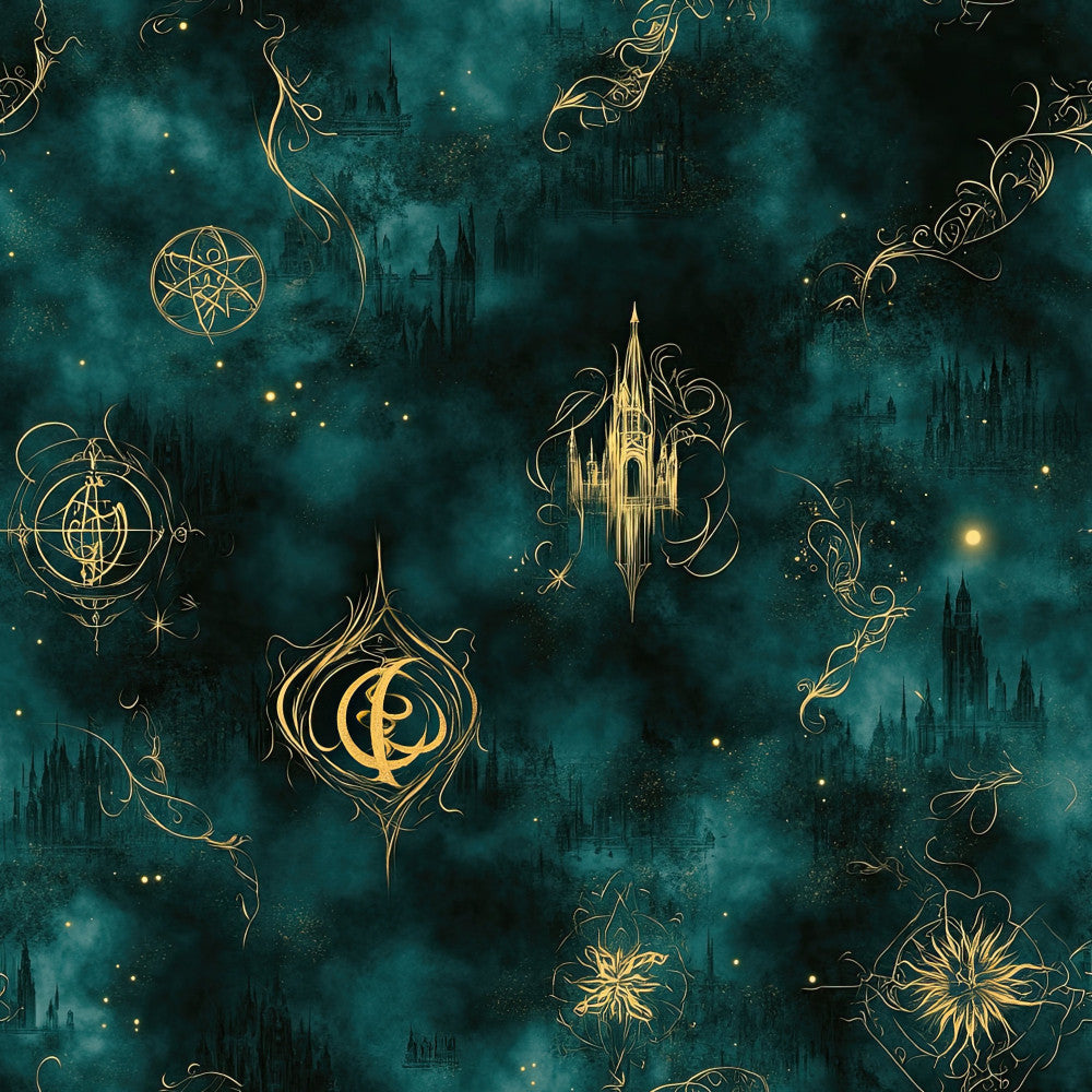 teal, deep teal, gold, golden yellow, dark teal, celestial, magical, fantasy, castle, enchanted, mystical, whimsical, elegant, ornate, moon and stars, geometric symbols, baroque, gothic, night sky, starry, moonlit, magical castle, fairytale, dreamy, dark academia, witchy, mystical symbols, ornamental flourishes, luxe