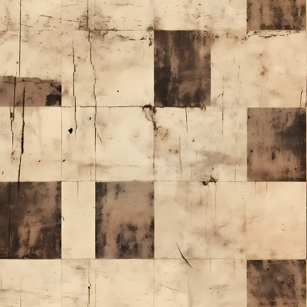 weathered tiles, distressed look, cream, beige, tan, taupe, brown, rust, vintage, rustic, farmhouse, abstract, geometric, tile pattern, aged appearance, grunge, industrial, neutral tones, mottled texture, stained finish, contemporary, modern, textured, earthy tones, home decor, living room, bedroom, neutral aesthetic, worn finish