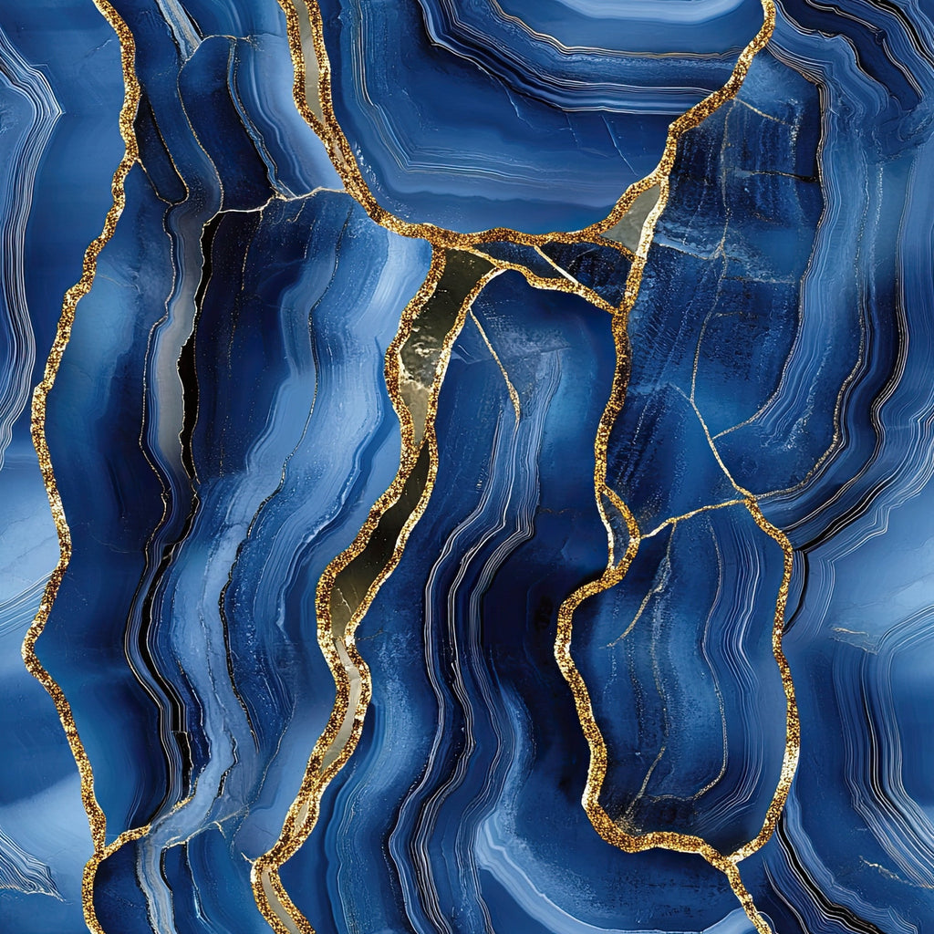 royal blue, deep blue, navy blue, gold, golden veining, agate pattern, geode design, marble texture, flowing lines, organic swirls, mineral pattern, luxurious, elegant, natural stone, crystalline structure,, fabric panel, abstract design, sophisticated, jewel tones