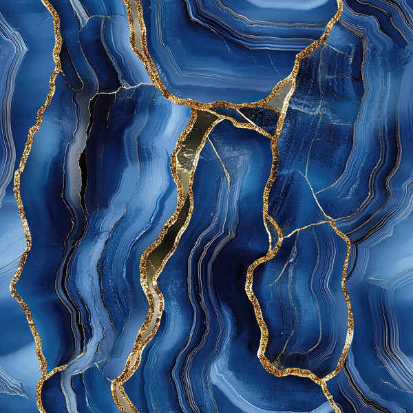 royal blue, deep blue, navy blue, gold, golden veining, agate pattern, geode design, marble texture, flowing lines, organic swirls, mineral pattern, luxurious, elegant, natural stone, crystalline structure,, fabric panel, abstract design, sophisticated, jewel tones
