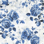 blue roses, vintage floral, watercolor style, splatter effect, cream background, botanical pattern, cottage core, farmhouse aesthetic,, fabric panel, distressed texture, romantic florals, soft blues, navy accents, rose blooms, leafy stems, painterly design, shabby chic, floral motifs
