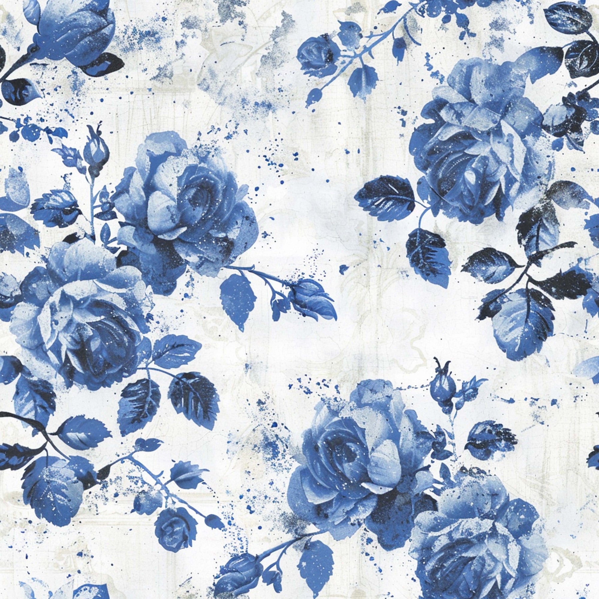 blue roses, vintage floral, watercolor style, splatter effect, cream background, botanical pattern, cottage core, farmhouse aesthetic,, fabric panel, distressed texture, romantic florals, soft blues, navy accents, rose blooms, leafy stems, painterly design, shabby chic, floral motifs