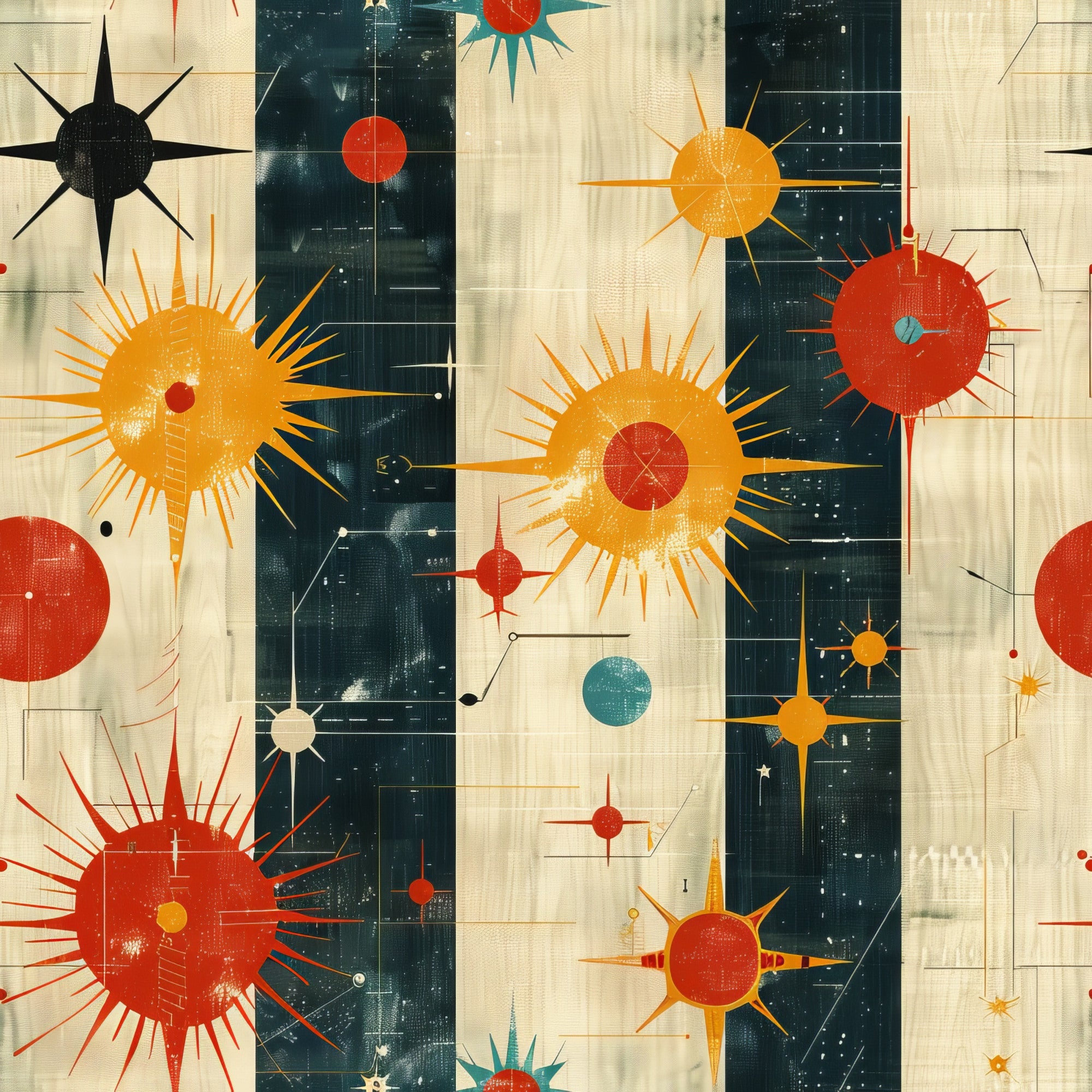 retro starburst, mid-century modern, atomic age, geometric circles, radiating spikes, orange, red, teal, cream, navy blue, space age design, vintage inspired, celestial motifs, sun burst shapes,, fabric panel, 1950s style, modernist pattern, stellar graphics, cosmic theme