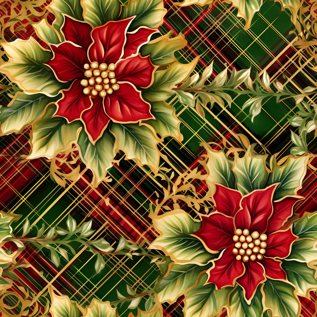 red poinsettias, green plaid, gold accents, christmas florals, holiday flowers, tartan pattern, festive botanical,, fabric panel, winter blooms, seasonal motifs, rich colors, decorative leaves, pearl centers, elegant floral, holiday crafting, burgundy tones, forest green, golden highlights, christmas fabric