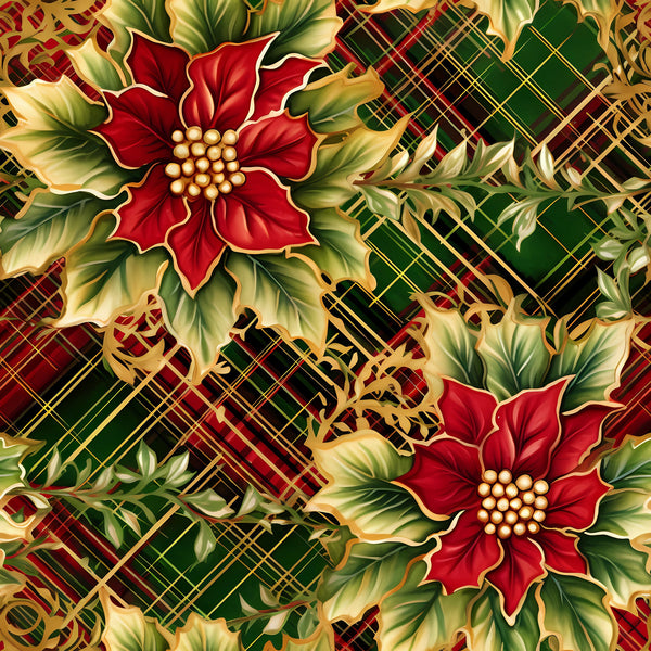 red poinsettias, green plaid, gold accents, christmas florals, holiday flowers, tartan pattern, festive botanical,, fabric panel, winter blooms, seasonal motifs, rich colors, decorative leaves, pearl centers, elegant floral, holiday crafting, burgundy tones, forest green, golden highlights, christmas fabric