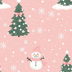 pink background, snowman, christmas trees, snowflakes, winter scene, pink bows, white ornaments, pink ornaments, falling snow,, fabric panel, holiday pattern, festive design, cute snowman, pink scarf, pink hat, green evergreen trees, winter wonderland, christmas fabric, seasonal quilting
