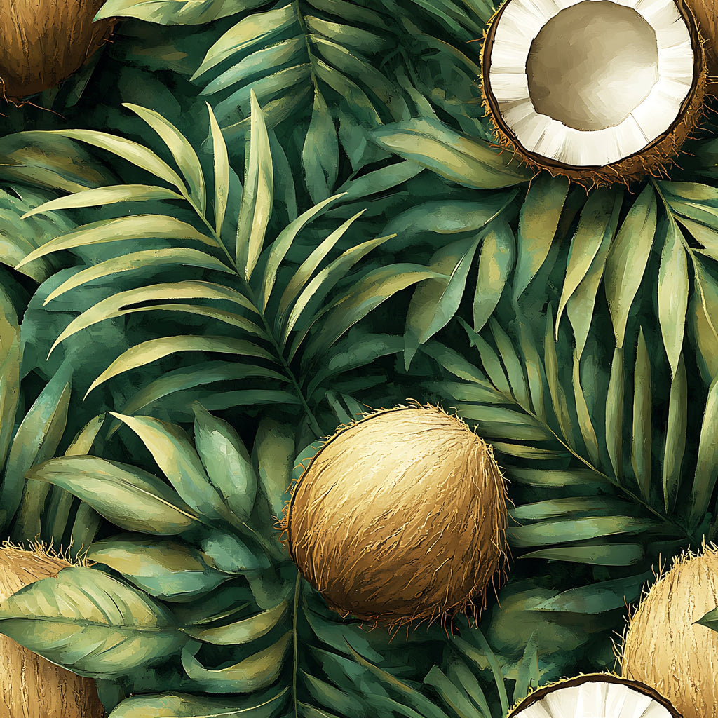 coconut, tropical leaves, palm fronds, jungle pattern, green foliage, brown coconuts, white coconut meat, natural motifs, botanical design, tropical paradise, lush greenery, exotic fruits, rainforest theme,, fabric panel, vibrant greens, earth tones, nature inspired, tropical vacation, island vibes