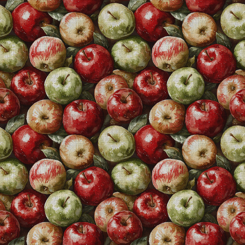 red apples, green apples, cream apples, autumn harvest, fall produce, orchard, farmhouse, rustic, nature, fruit, food theme, deep red, olive green, tan, bronze, harvest season, kitchen decor, traditional, vintage style, country style, realistic print, botanical, gardening theme, homegrown, fall colors, warm tones, repeated pattern