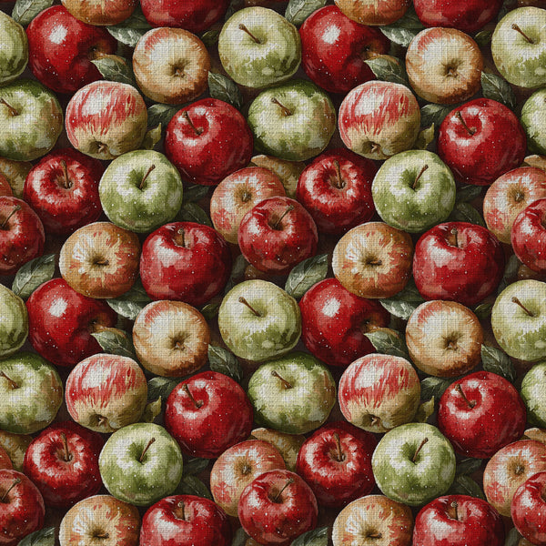 red apples, green apples, cream apples, autumn harvest, fall produce, orchard, farmhouse, rustic, nature, fruit, food theme, deep red, olive green, tan, bronze, harvest season, kitchen decor, traditional, vintage style, country style, realistic print, botanical, gardening theme, homegrown, fall colors, warm tones, repeated pattern