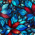 stained glass, christmas pattern,, fabric panel, blue tones, red accents, turquoise, navy blue, crimson red, geometric leaves, mosaic design, botanical motifs, winter foliage, holiday fabric, decorative leaves, glass effect, artistic pattern, festive colors, leaf design, quilting material
