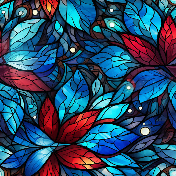stained glass, christmas pattern,, fabric panel, blue tones, red accents, turquoise, navy blue, crimson red, geometric leaves, mosaic design, botanical motifs, winter foliage, holiday fabric, decorative leaves, glass effect, artistic pattern, festive colors, leaf design, quilting material