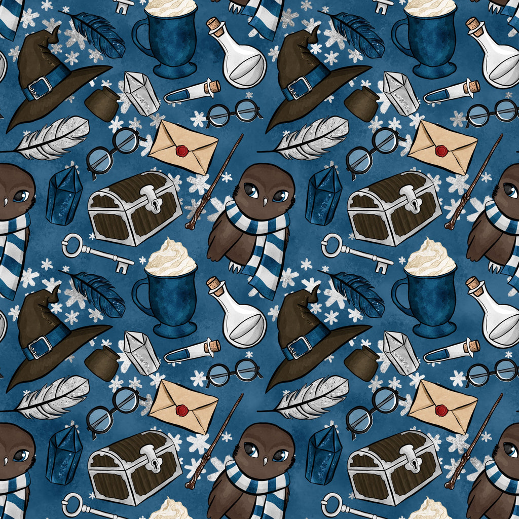 navy blue, teal, brown, cream, white, wizard pattern, magic school, owl characters, striped scarves, witch hats, potion bottles, treasure chests, feathers, glasses, wands, letters, lanterns, snowflakes,, repeating pattern, whimsical style, fantasy theme, winter elements