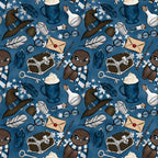 navy blue, teal, brown, cream, white, wizard pattern, magic school, owl characters, striped scarves, witch hats, potion bottles, treasure chests, feathers, glasses, wands, letters, lanterns, snowflakes,, repeating pattern, whimsical style, fantasy theme, winter elements