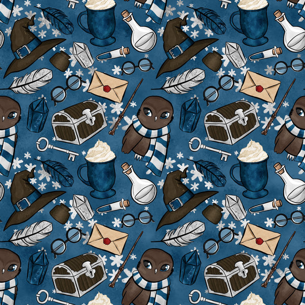navy blue, teal, brown, cream, white, wizard pattern, magic school, owl characters, striped scarves, witch hats, potion bottles, treasure chests, feathers, glasses, wands, letters, lanterns, snowflakes,, repeating pattern, whimsical style, fantasy theme, winter elements