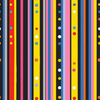 colorful stripes, polka dots, vertical stripes, red, yellow, blue, pink, black, white, orange, geometric pattern, modern design,, fabric panel, bright colors, rainbow stripes, circular dots, contemporary style, vibrant pattern, striped fabric