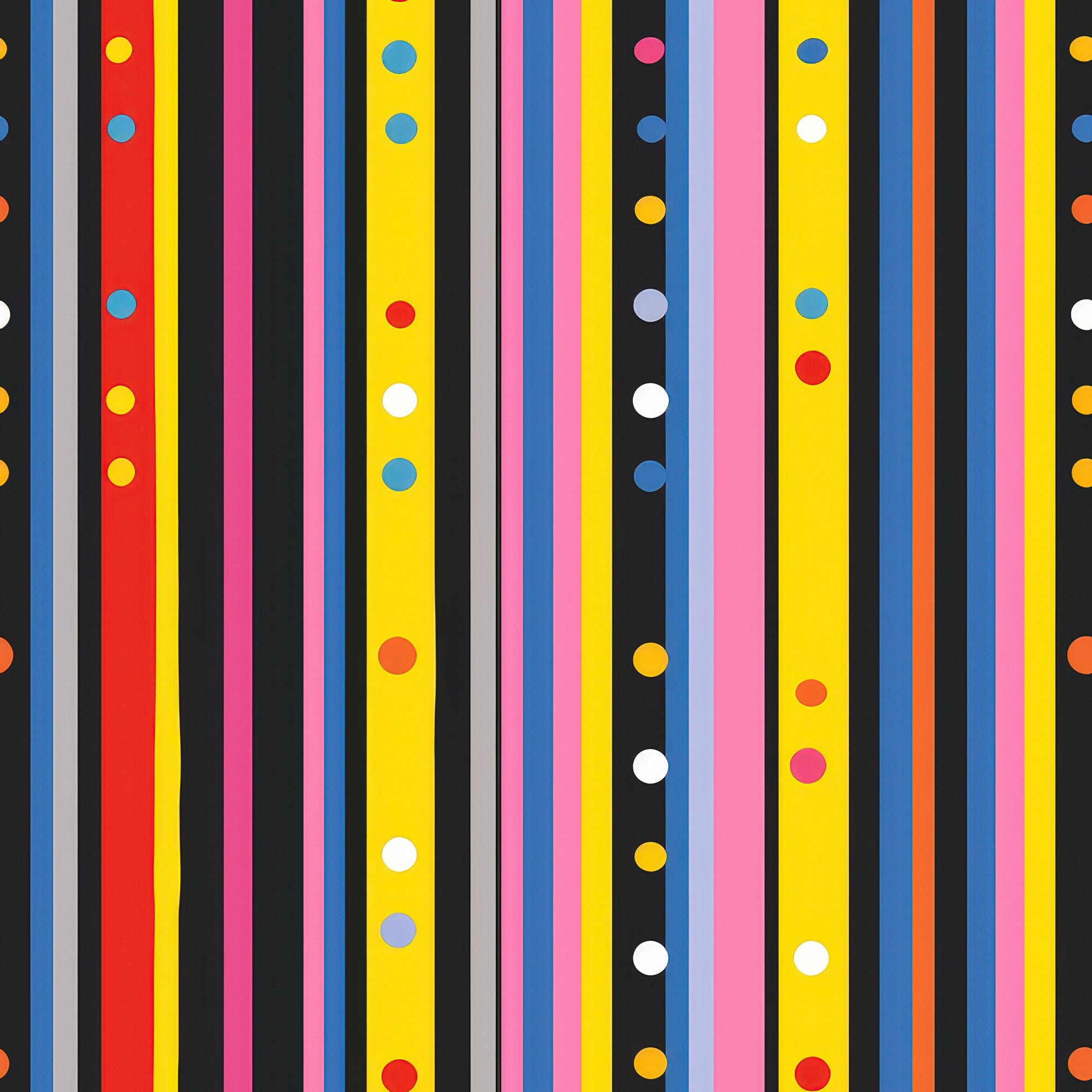 colorful stripes, polka dots, vertical stripes, red, yellow, blue, pink, black, white, orange, geometric pattern, modern design, quilting cotton, fabric panel, bright colors, rainbow stripes, circular dots, contemporary style, vibrant pattern, striped fabric