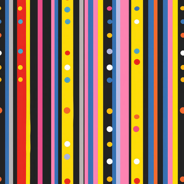 colorful stripes, polka dots, vertical stripes, red, yellow, blue, pink, black, white, orange, geometric pattern, modern design,, fabric panel, bright colors, rainbow stripes, circular dots, contemporary style, vibrant pattern, striped fabric