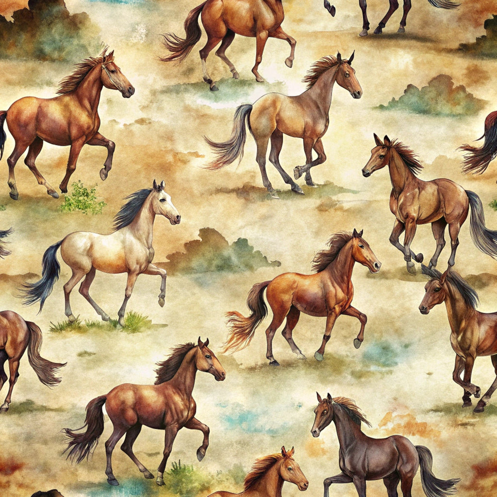 wild horses, running horses, galloping horses, brown horses, chestnut horses, tan colors, beige background, watercolor style, western theme, equestrian design, horse pattern,, fabric panel, realistic horses, pastoral scene, earth tones, rustic colors, animal print, countryside setting, flowing manes
