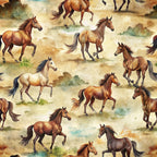 wild horses, running horses, galloping horses, brown horses, chestnut horses, tan colors, beige background, watercolor style, western theme, equestrian design, horse pattern,, fabric panel, realistic horses, pastoral scene, earth tones, rustic colors, animal print, countryside setting, flowing manes