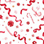 red, candy cane, peppermint, ribbon, festive, holiday, christmas, winter, candy themed, sweet treats, lollipop, pinwheel candy, bows, gold accents, cream background, whimsical, playful, cheerful, bright red, pale pink, nursery, kids room, baby shower, seasonal, dessert themed, confectionery, celebration, traditional holiday, festive decor