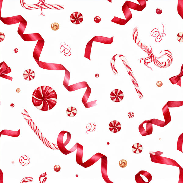 red, candy cane, peppermint, ribbon, festive, holiday, christmas, winter, candy themed, sweet treats, lollipop, pinwheel candy, bows, gold accents, cream background, whimsical, playful, cheerful, bright red, pale pink, nursery, kids room, baby shower, seasonal, dessert themed, confectionery, celebration, traditional holiday, festive decor