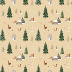 winter farmhouse, cream background, forest green trees, rustic cabins, snow-covered houses, farm animals, chickens, llama, alpaca, bare branches, cozy cottages, country style, holiday themed, winter scene, pastoral, farmyard animals, snowy landscape, traditional, warm neutral tones, tan background, evergreen trees, rustic style, winter wonderland, country farmhouse, beige, woodland animals, seasonal winter, cottage core, rustic charm, nature inspired