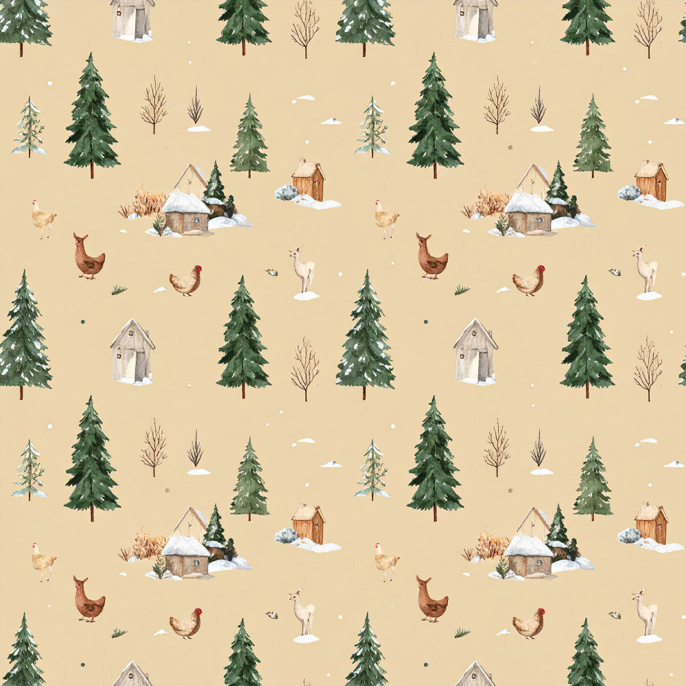 winter farmhouse, cream background, forest green trees, rustic cabins, snow-covered houses, farm animals, chickens, llama, alpaca, bare branches, cozy cottages, country style, holiday themed, winter scene, pastoral, farmyard animals, snowy landscape, traditional, warm neutral tones, tan background, evergreen trees, rustic style, winter wonderland, country farmhouse, beige, woodland animals, seasonal winter, cottage core, rustic charm, nature inspired