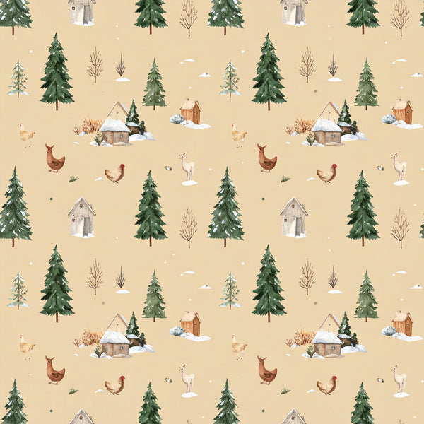 winter farmhouse, cream background, forest green trees, rustic cabins, snow-covered houses, farm animals, chickens, llama, alpaca, bare branches, cozy cottages, country style, holiday themed, winter scene, pastoral, farmyard animals, snowy landscape, traditional, warm neutral tones, tan background, evergreen trees, rustic style, winter wonderland, country farmhouse, beige, woodland animals, seasonal winter, cottage core, rustic charm, nature inspired