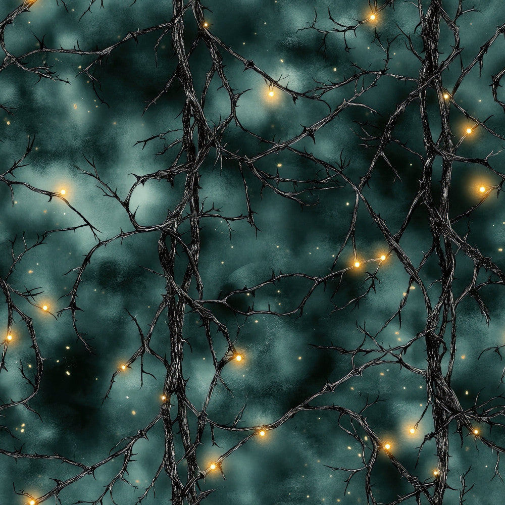 teal, forest green, dark teal, gold, warm white, branches, twigs, bare branches, lights, glowing lights, celestial, night sky, starry, magical, mystical, winter, christmas, holiday, nature, botanical, elegant, modern, whimsical, enchanted forest, moody, dark and light, contrast, sparkle, starlight, winter nights