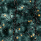 teal, forest green, dark teal, gold, warm white, branches, twigs, bare branches, lights, glowing lights, celestial, night sky, starry, magical, mystical, winter, christmas, holiday, nature, botanical, elegant, modern, whimsical, enchanted forest, moody, dark and light, contrast, sparkle, starlight, winter nights