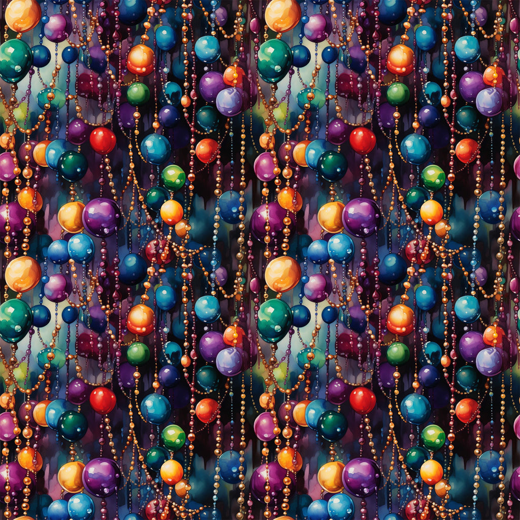 colorful beads, mardi gras, festive celebration, purple beads, gold beads, orange beads, blue beads, green beads, red beads, hanging decorations, party atmosphere, new orleans, carnival theme,, fabric panel, vibrant colors, celebratory mood, beaded necklaces, festive pattern, jewel tones