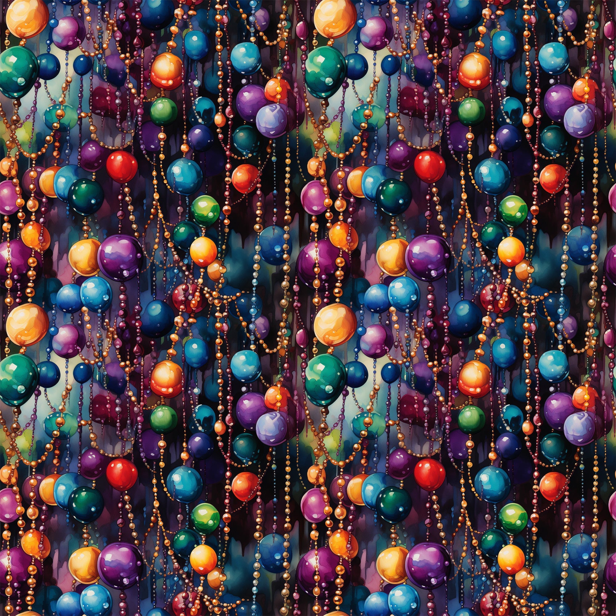 colorful beads, mardi gras, festive celebration, purple beads, gold beads, orange beads, blue beads, green beads, red beads, hanging decorations, party atmosphere, new orleans, carnival theme,, fabric panel, vibrant colors, celebratory mood, beaded necklaces, festive pattern, jewel tones