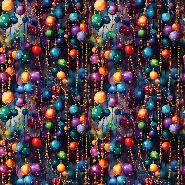 colorful beads, mardi gras, festive celebration, purple beads, gold beads, orange beads, blue beads, green beads, red beads, hanging decorations, party atmosphere, new orleans, carnival theme,, fabric panel, vibrant colors, celebratory mood, beaded necklaces, festive pattern, jewel tones