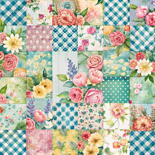 spring flowers, patchwork squares,, fabric panel, pink roses, yellow daisies, teal gingham, polka dots, floral motifs, cottage garden, pastel colors, botanical prints, watercolor style, soft palette, vintage florals, peach blossoms, lavender sprigs, geometric patterns, shabby chic, romantic aesthetic