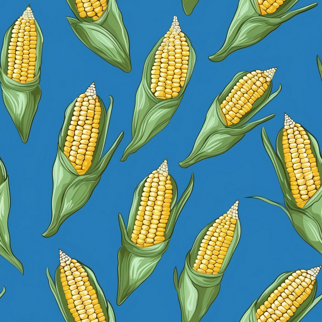 bright blue, golden yellow, sage green, corn cobs, corn husks, vegetable pattern, food motif, scattered design,, fabric panel, farming theme, harvest motif, kitchen decor, botanical illustration, summer produce, agricultural design, realistic style, repeating pattern, garden vegetables, country style