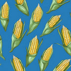 bright blue, golden yellow, sage green, corn cobs, corn husks, vegetable pattern, food motif, scattered design,, fabric panel, farming theme, harvest motif, kitchen decor, botanical illustration, summer produce, agricultural design, realistic style, repeating pattern, garden vegetables, country style