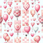 pink, coral, white, hearts, balloons, checkerboard pattern, gingham, polka dots, butterflies, romantic, whimsical, watercolor style,, fabric panel, valentine's theme, love motif, soft pastels, repeating pattern, craft fabric, sewing material