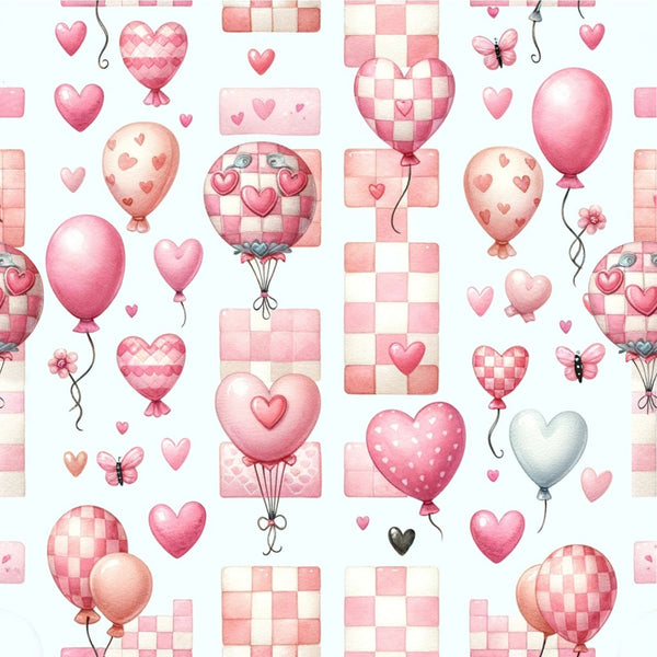 pink, coral, white, hearts, balloons, checkerboard pattern, gingham, polka dots, butterflies, romantic, whimsical, watercolor style,, fabric panel, valentine's theme, love motif, soft pastels, repeating pattern, craft fabric, sewing material