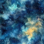 deep blue, navy blue, teal, golden yellow, amber, celestial, starry sky, nebula, cosmic clouds, watercolor effect, dreamy atmosphere, night sky, stars, space theme,, fabric panel, astronomy, ethereal, swirling patterns, galaxy design