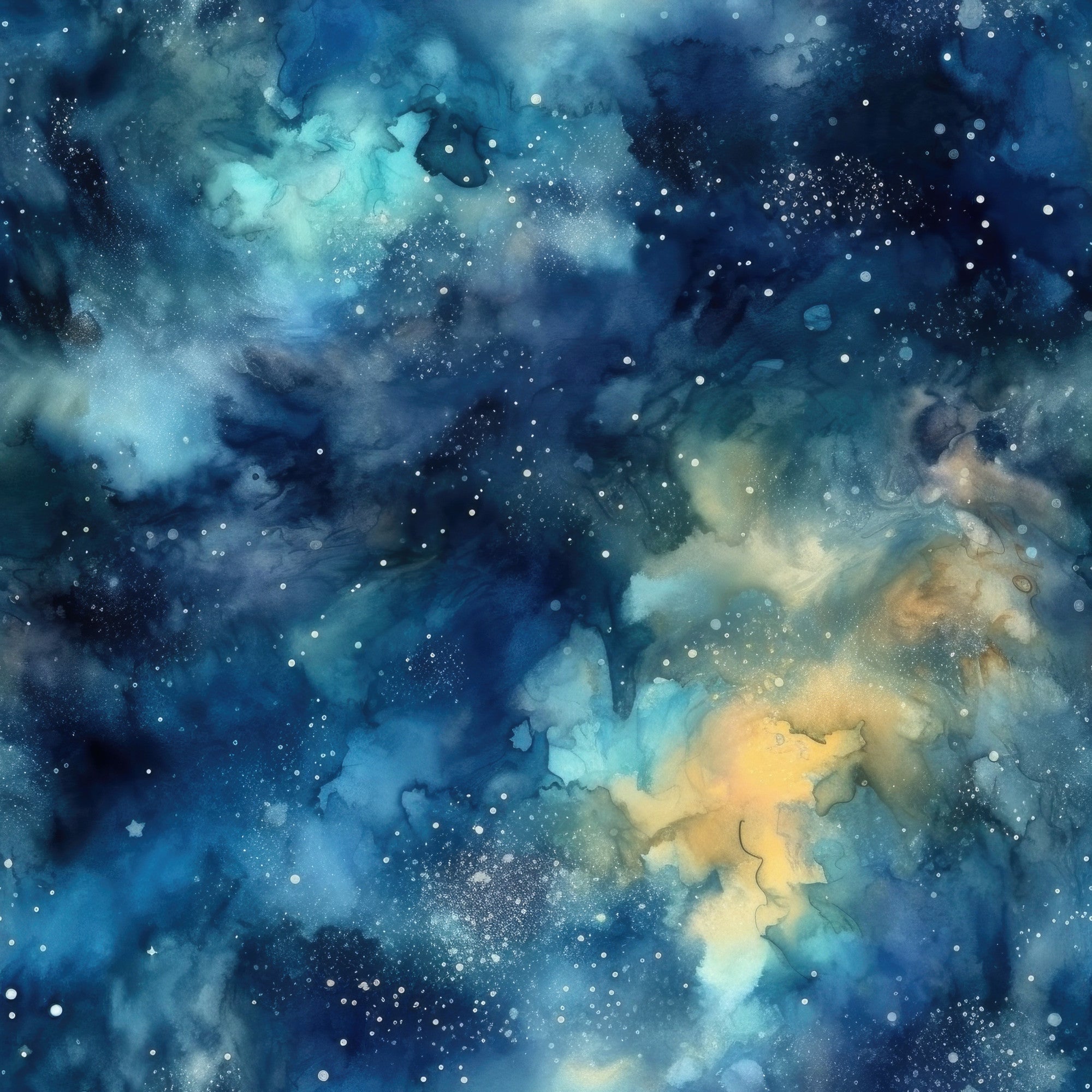 deep blue, navy blue, teal, golden yellow, amber, celestial, starry sky, nebula, cosmic clouds, watercolor effect, dreamy atmosphere, night sky, stars, space theme,, fabric panel, astronomy, ethereal, swirling patterns, galaxy design