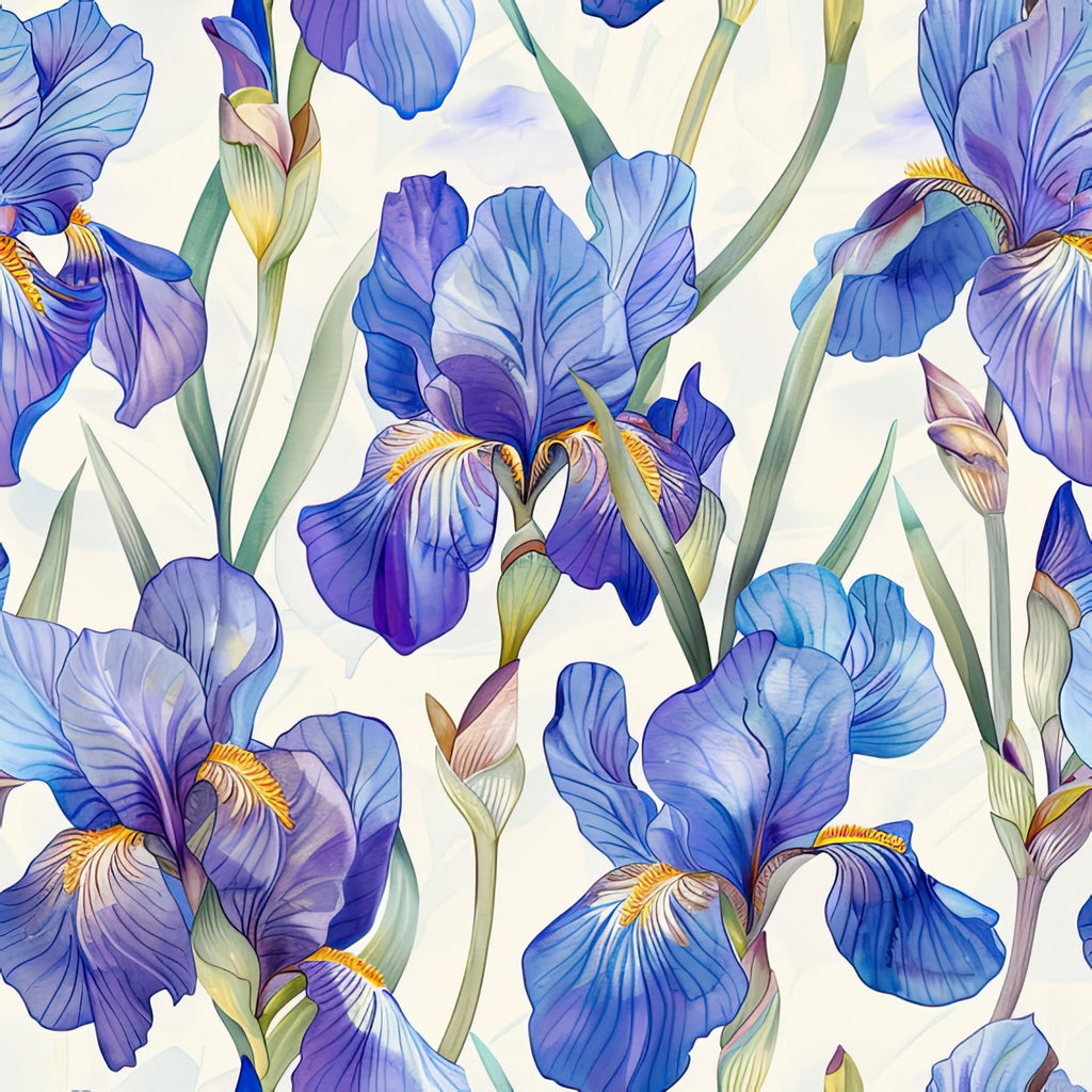 iris flowers, purple petals, blue blooms, lavender shades, botanical pattern, floral design, green stems, watercolor style, seamless repeat,, fabric panel, spring flowers, garden theme, elegant blooms, artistic florals, soft pastels, nature motif, detailed petals