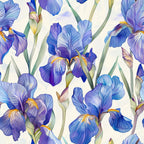 iris flowers, purple petals, blue blooms, lavender shades, botanical pattern, floral design, green stems, watercolor style, seamless repeat,, fabric panel, spring flowers, garden theme, elegant blooms, artistic florals, soft pastels, nature motif, detailed petals