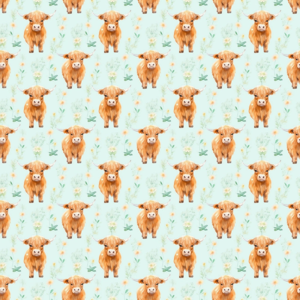 highland cows, orange cattle, fluffy cows, mint green background, pastel flowers, watercolor style, whimsical pattern, repeating motif,, fabric panel, cute animals, scottish cows, botanical elements, nursery fabric, kawaii style, peachy orange, soft pastels, farm animals, decorative fabric, craft material