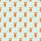 highland cows, orange cattle, fluffy cows, mint green background, pastel flowers, watercolor style, whimsical pattern, repeating motif,, fabric panel, cute animals, scottish cows, botanical elements, nursery fabric, kawaii style, peachy orange, soft pastels, farm animals, decorative fabric, craft material