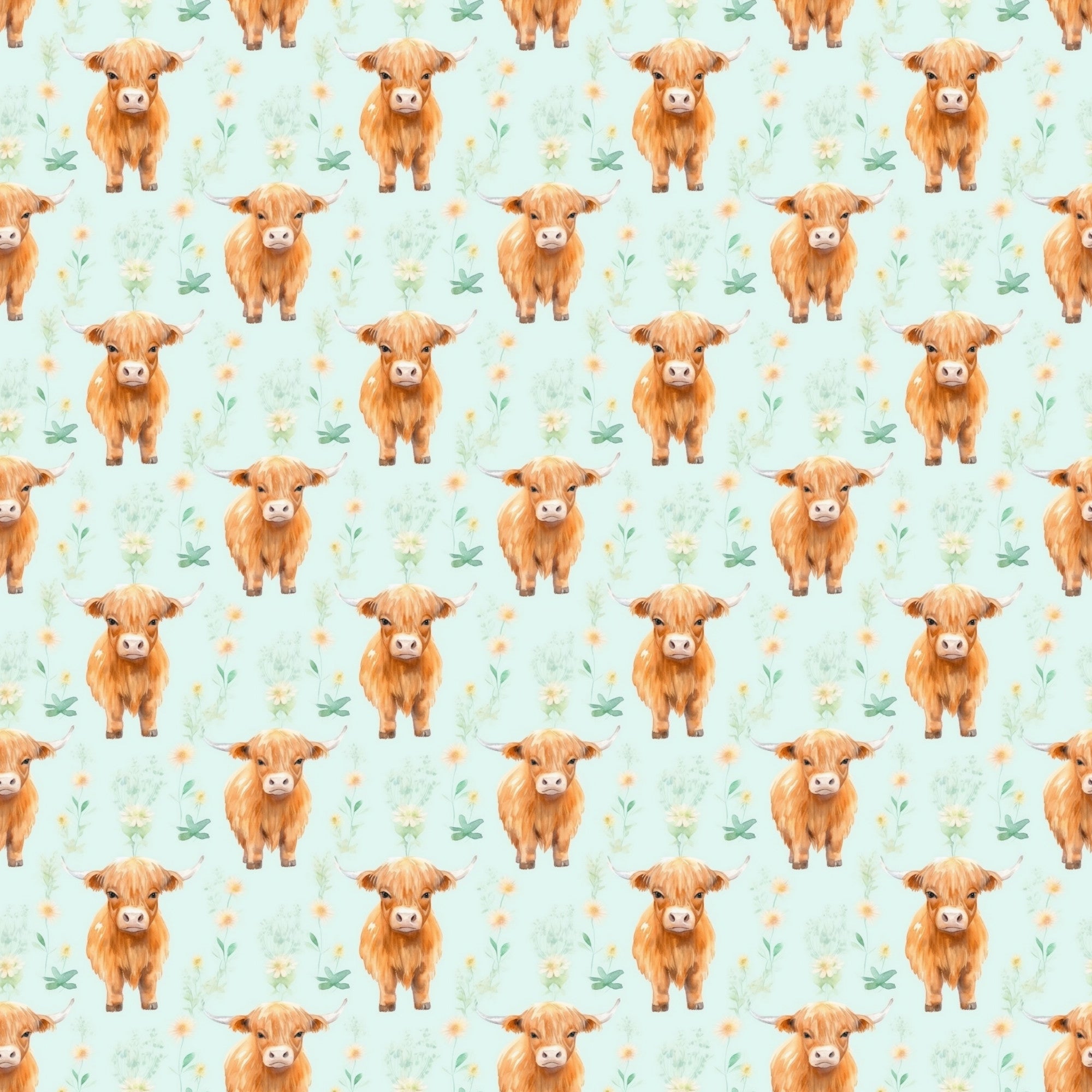 highland cows, orange cattle, fluffy cows, mint green background, pastel flowers, watercolor style, whimsical pattern, repeating motif,, fabric panel, cute animals, scottish cows, botanical elements, nursery fabric, kawaii style, peachy orange, soft pastels, farm animals, decorative fabric, craft material