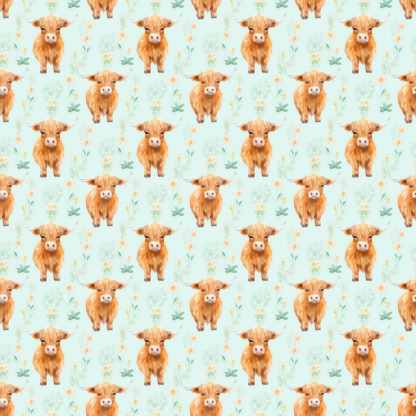 highland cows, orange cattle, fluffy cows, mint green background, pastel flowers, watercolor style, whimsical pattern, repeating motif,, fabric panel, cute animals, scottish cows, botanical elements, nursery fabric, kawaii style, peachy orange, soft pastels, farm animals, decorative fabric, craft material